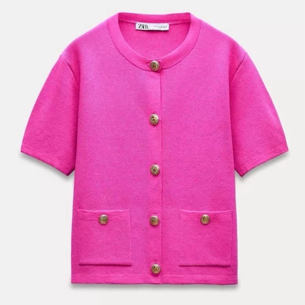 Brand New w/tags Zara Short Sleeve Cardigan Fuchsia w Gold Buttons | Size Large